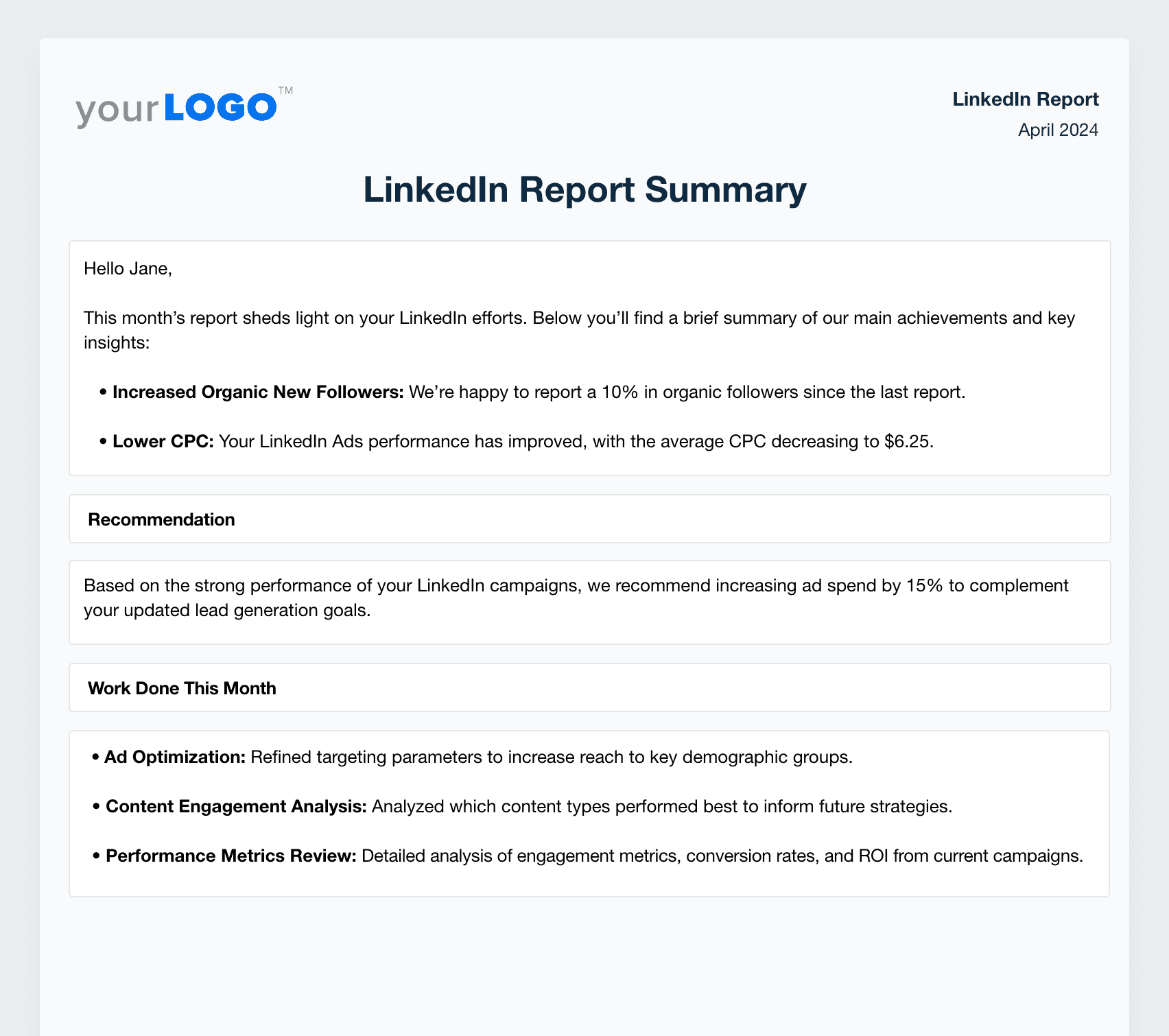LinkedIn Monthly Report Summary Example