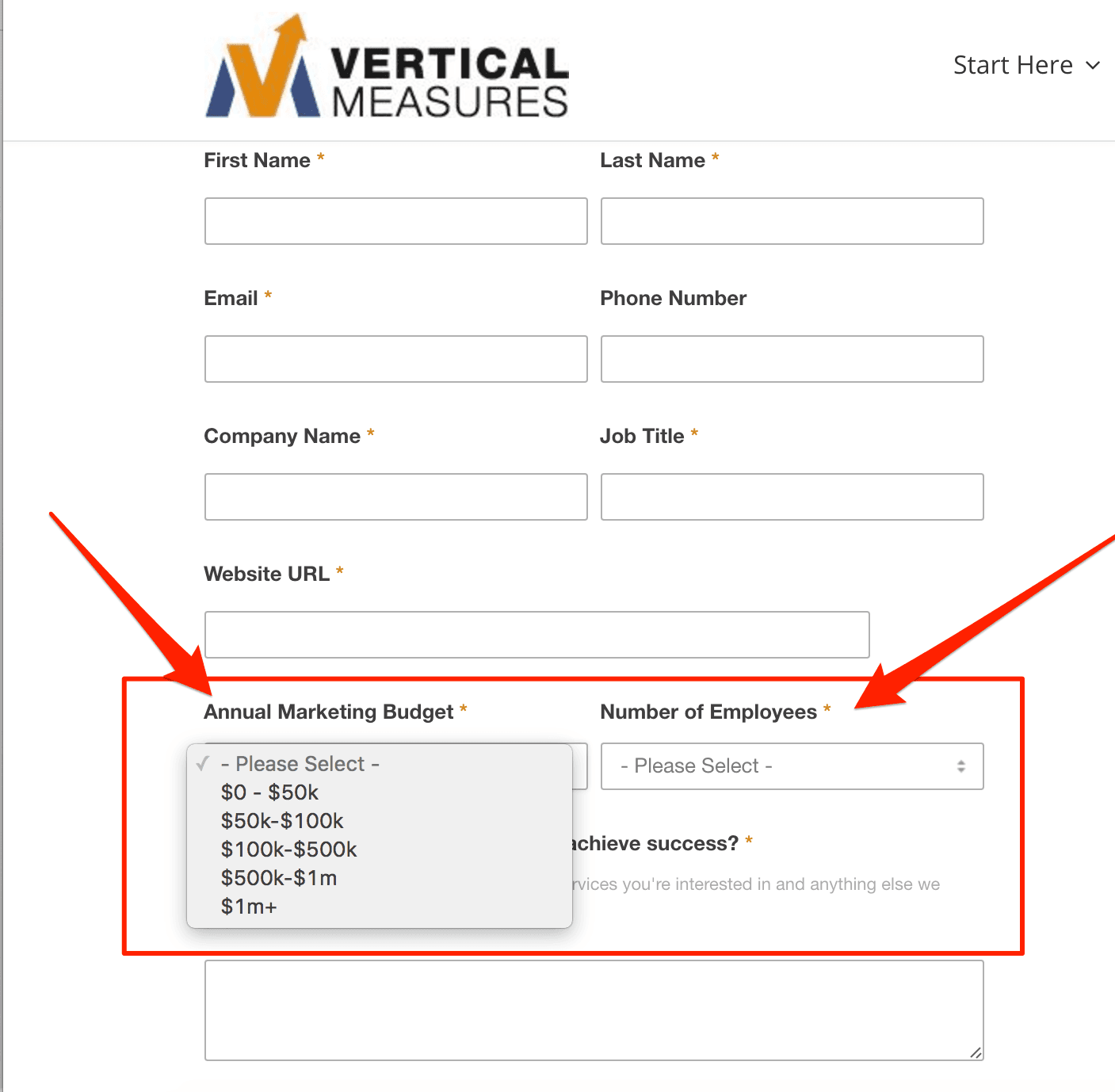 Example of a fill-out form on a website asking about the annual marketing budget & number of employees