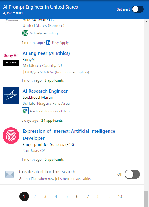 An example of AI Prompt Engineer jobs listed on LinkedIn