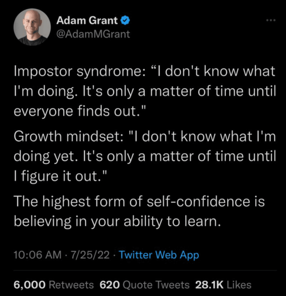 Adam Grant tweet on imposter syndrome.