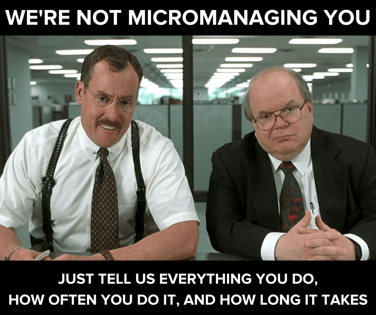 micromanaging meme showing two characters from The Office looking bossy