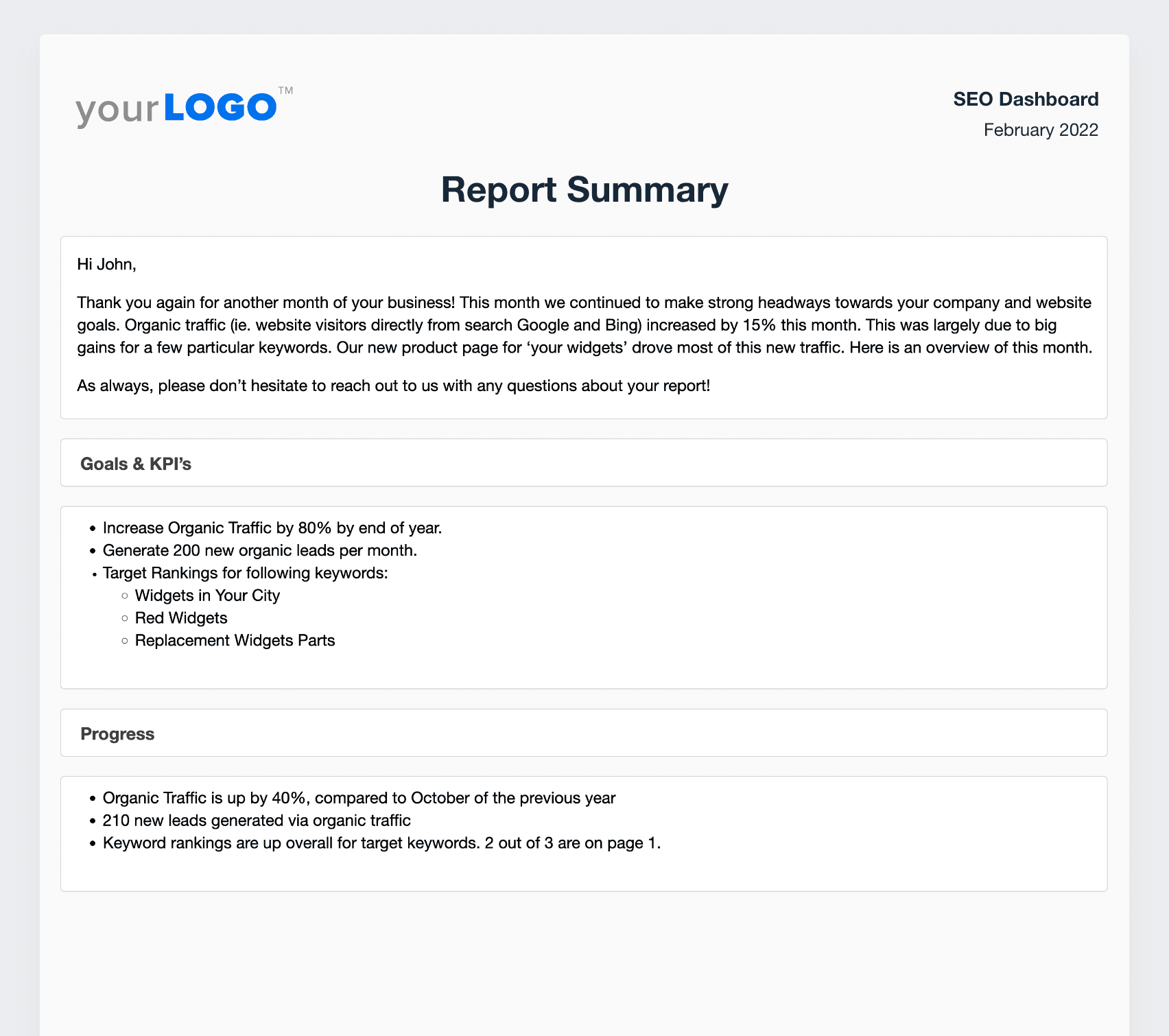A screenshot of the Report Summary example from the SEO Report Template