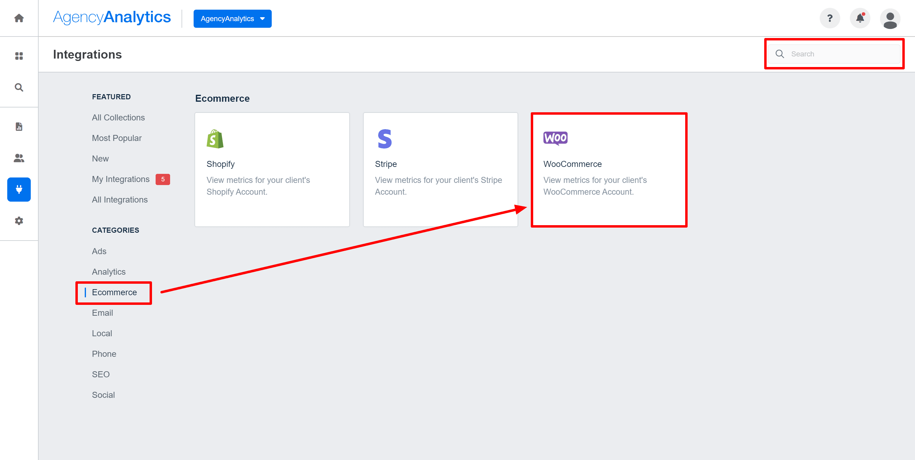 Example of finding and connecting Woocommerce integration.
