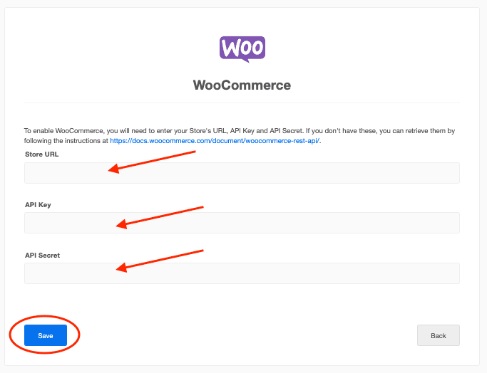 Example of Woocommerce integration connection details