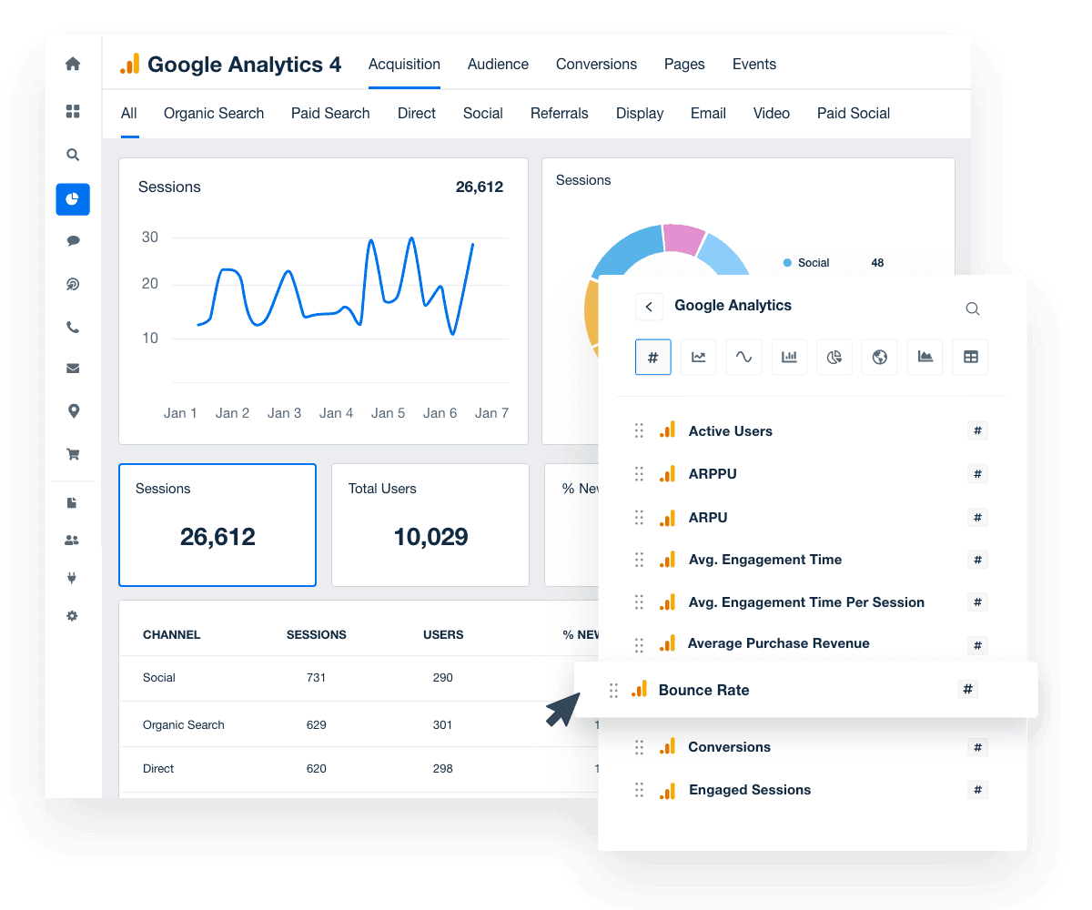 Connect your clients’ Google Analytics 4 data streams to a single platform.