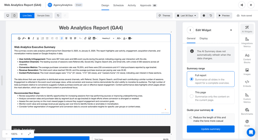 Create full report summaries and customize with AI 