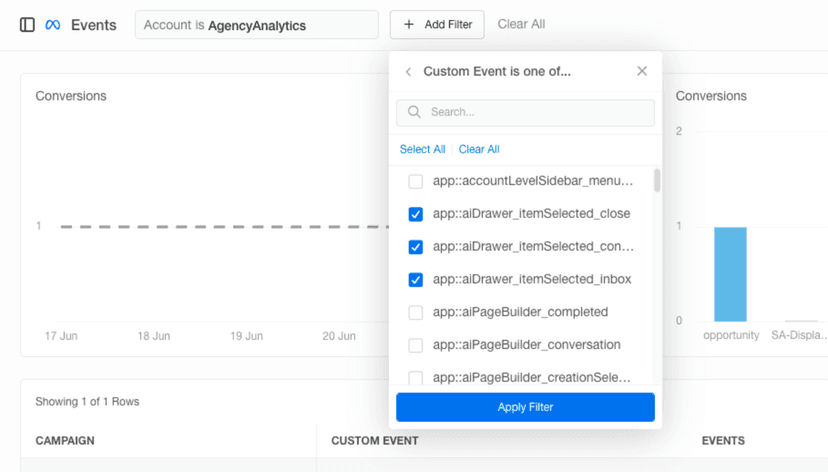 Meta Ads: multi-select custom events filter