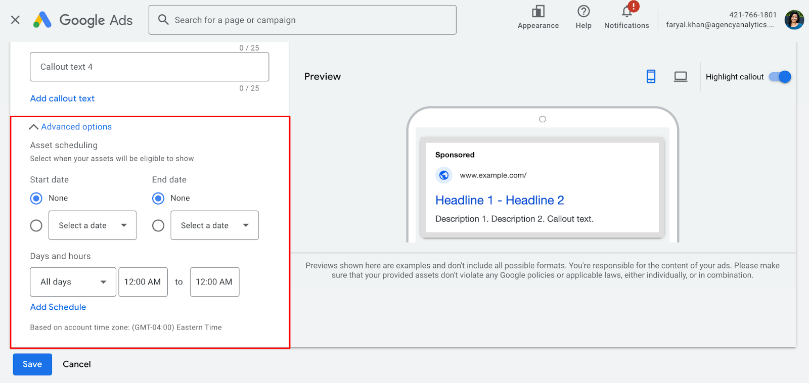 Google Ads extension step: Choosing start and end dates