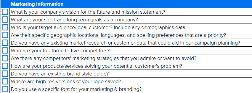 Example Marketing Information Questions from the Client Onboarding Questionnaire Template