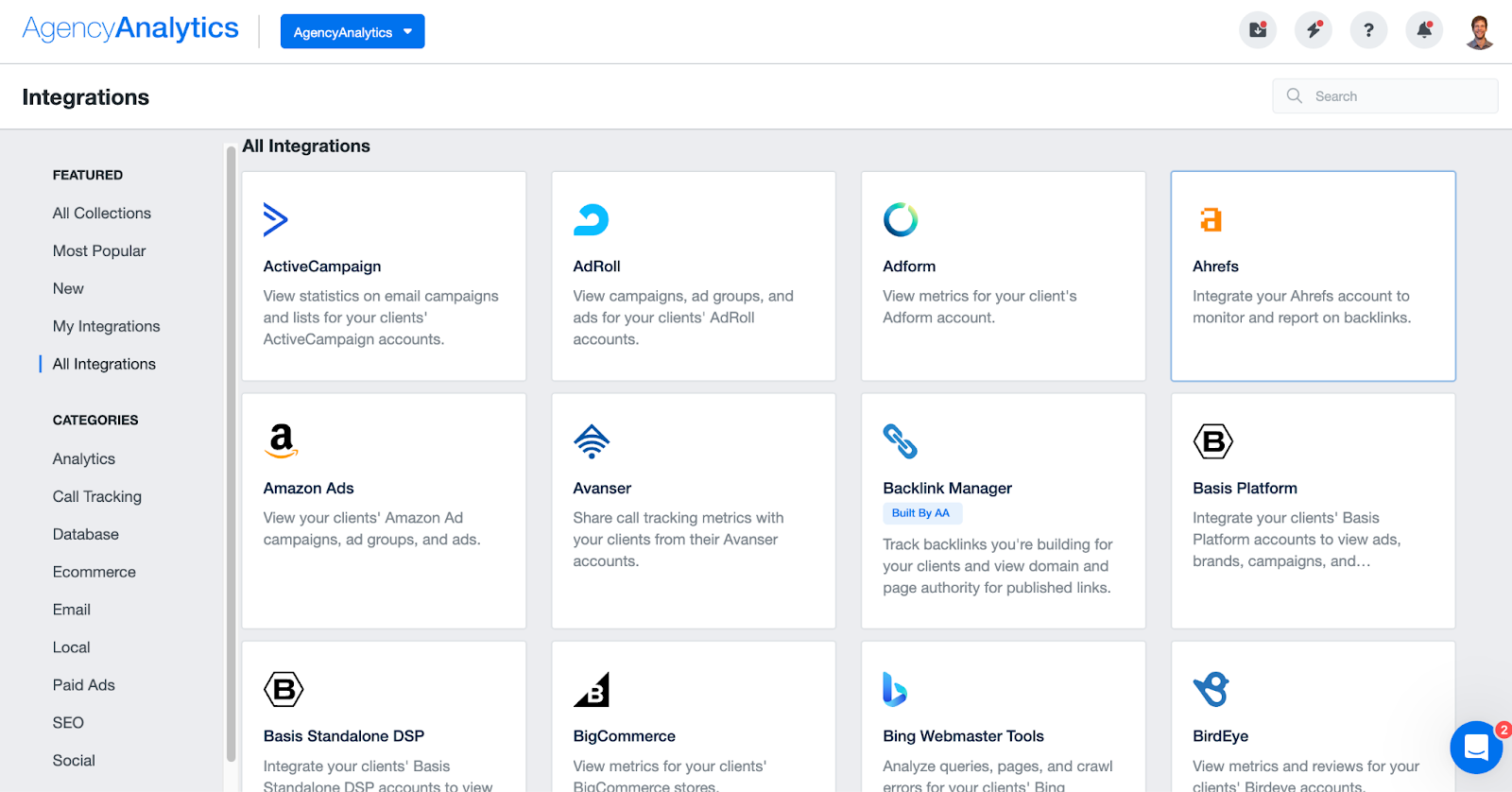 AgencyAnalytics integrations list