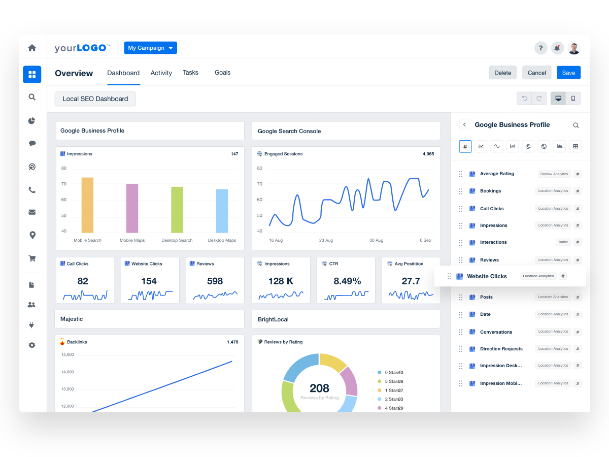 Local SEO dashboard drag and drop customizing