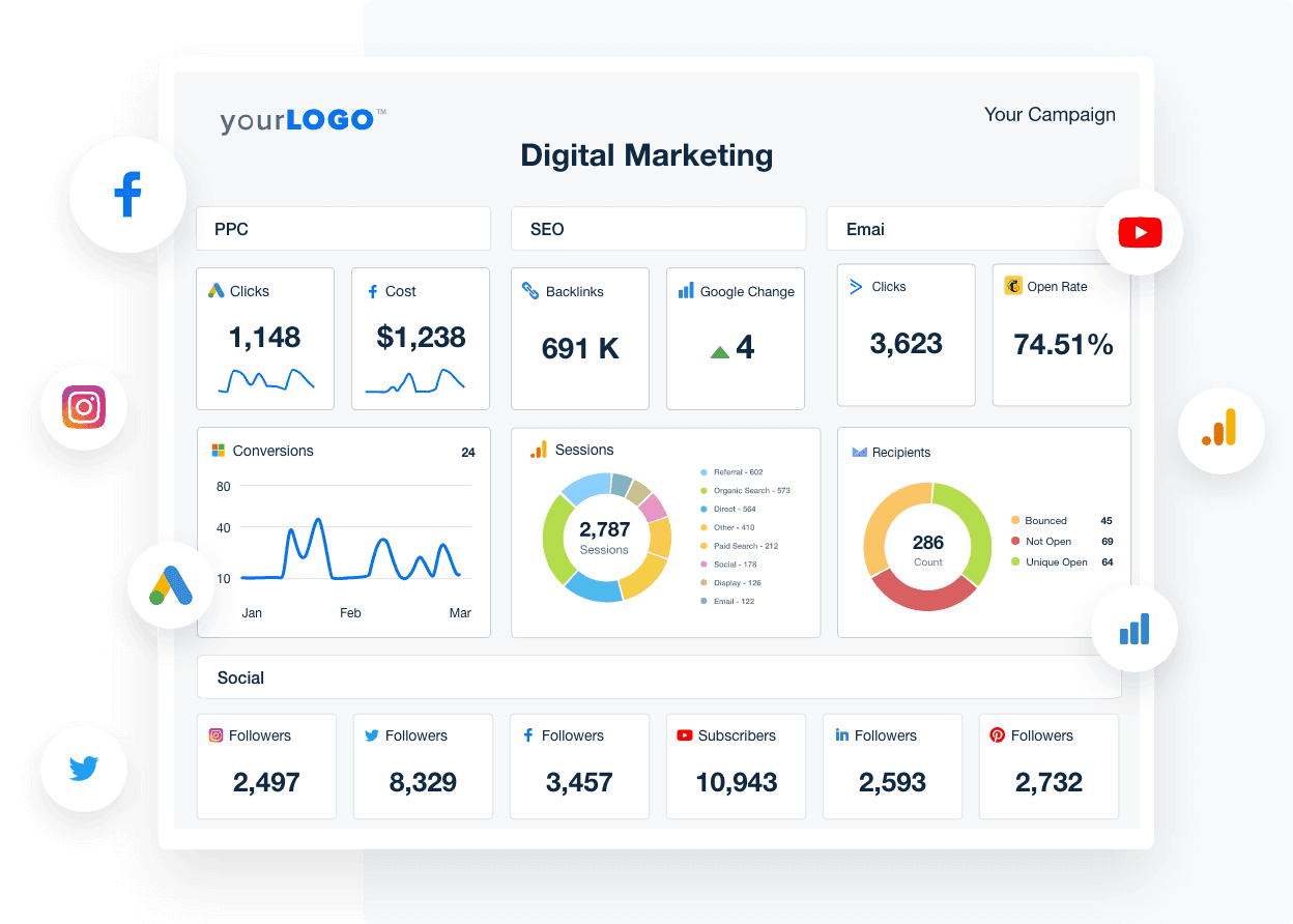 An illustration of the Digital Marketing Reporting Software from AgencyAnalytics