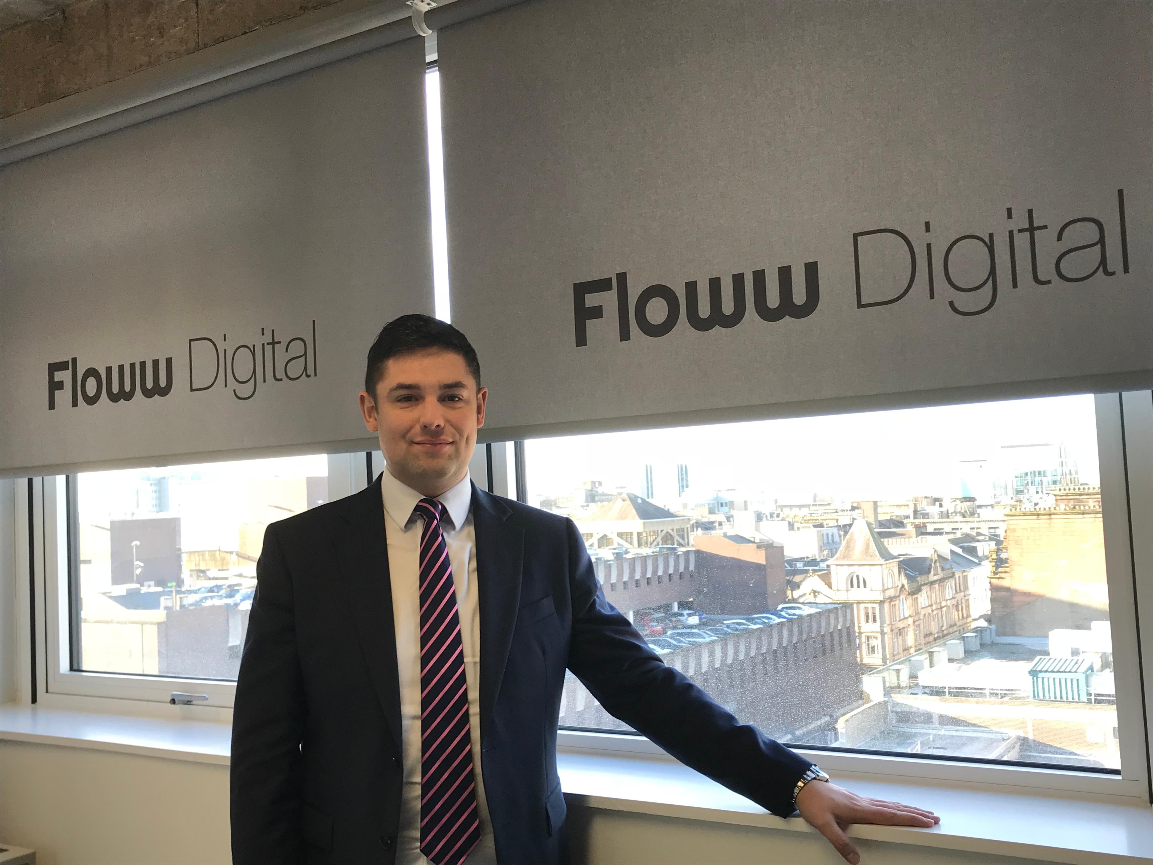 Andrew Logan in the original Floww Digital office in Glasgow, Scotland. 