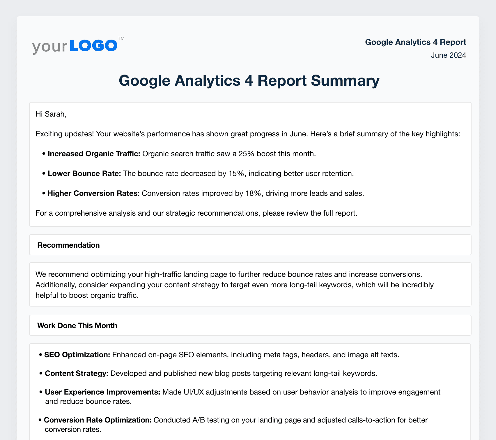 Google Analytics 4 Report Summary Example