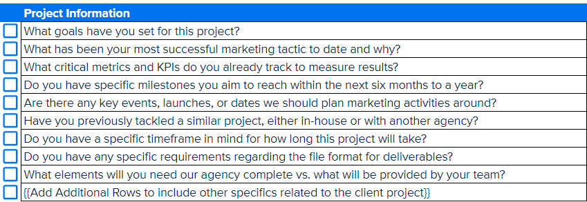 Example Project Information Questions from the Client Onboarding Questionnaire Template