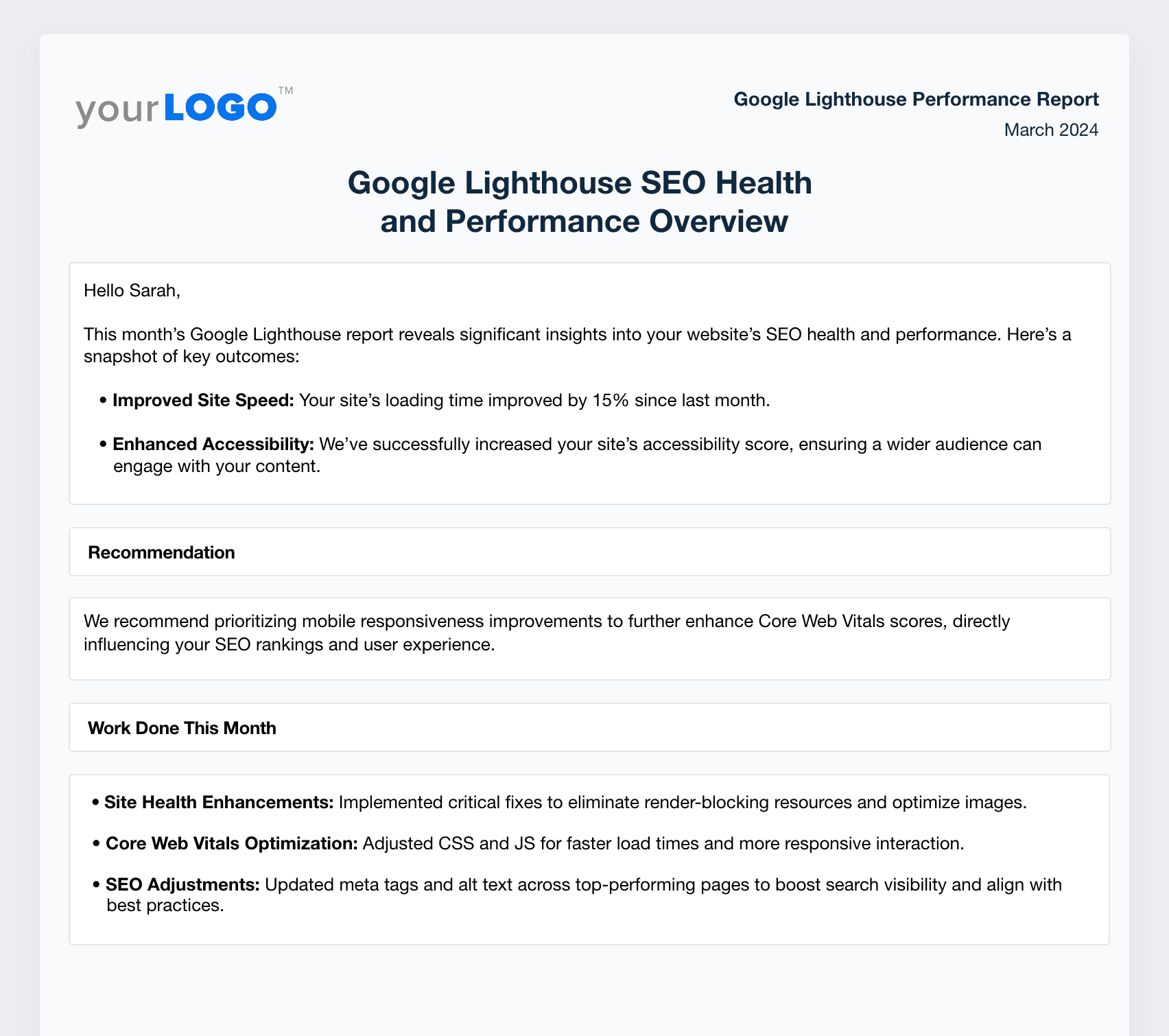 An example of a Google Lighthouse Monthly Report Summary