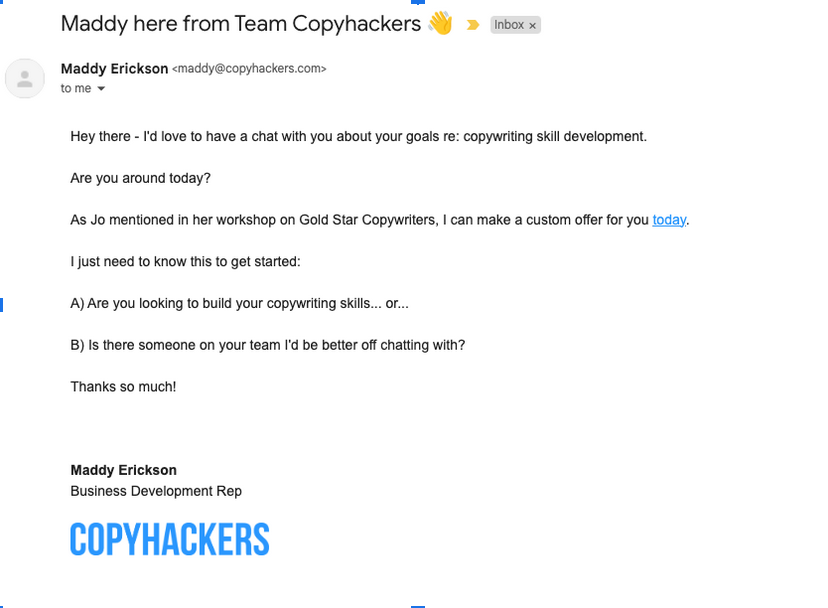 Copyhackers email marketing example