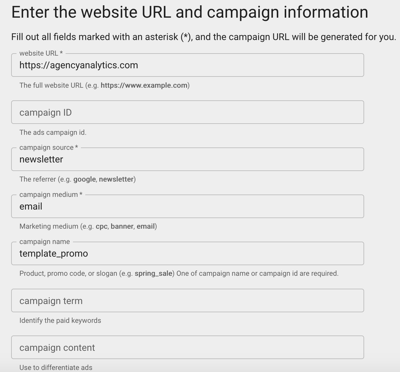 Example of UTM builder parameters