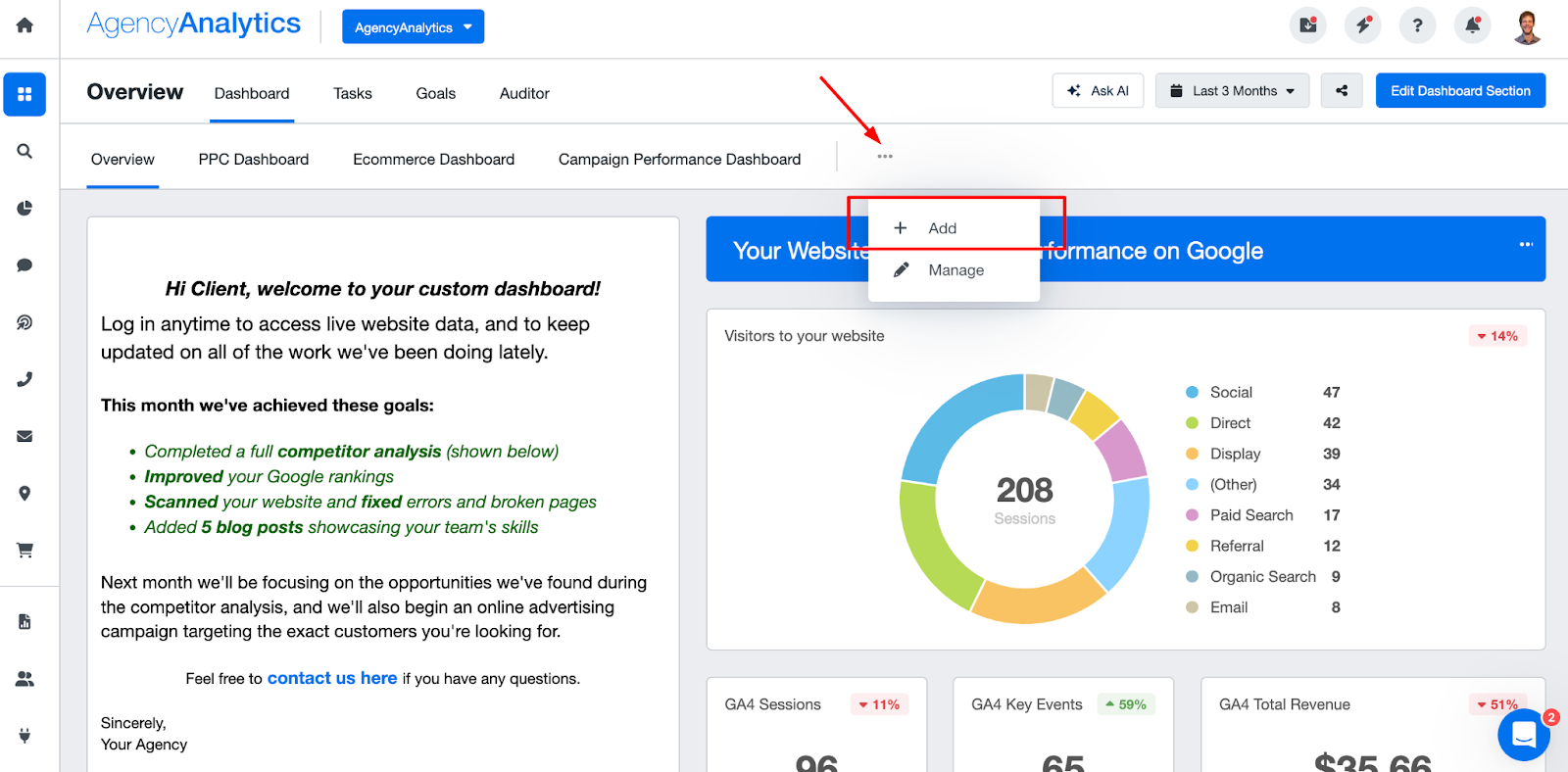 AgencyAnalytics add dashboard section