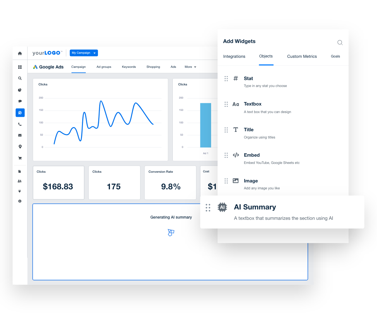 Use AI Summary to generate high-level overviews of your client report and dashboard sections.