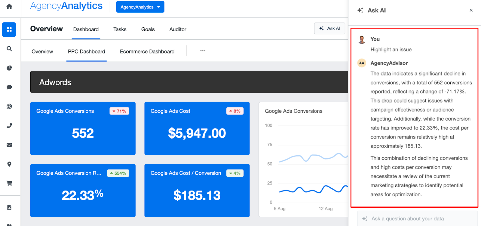 AgencyAnalytics Ask Ai feature highlighting areas of improvement 