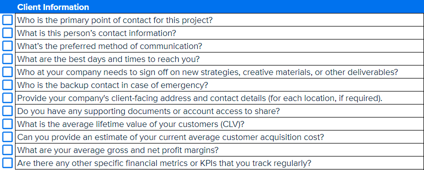 Example Client Information Questions from the Client Onboarding Questionnaire Template