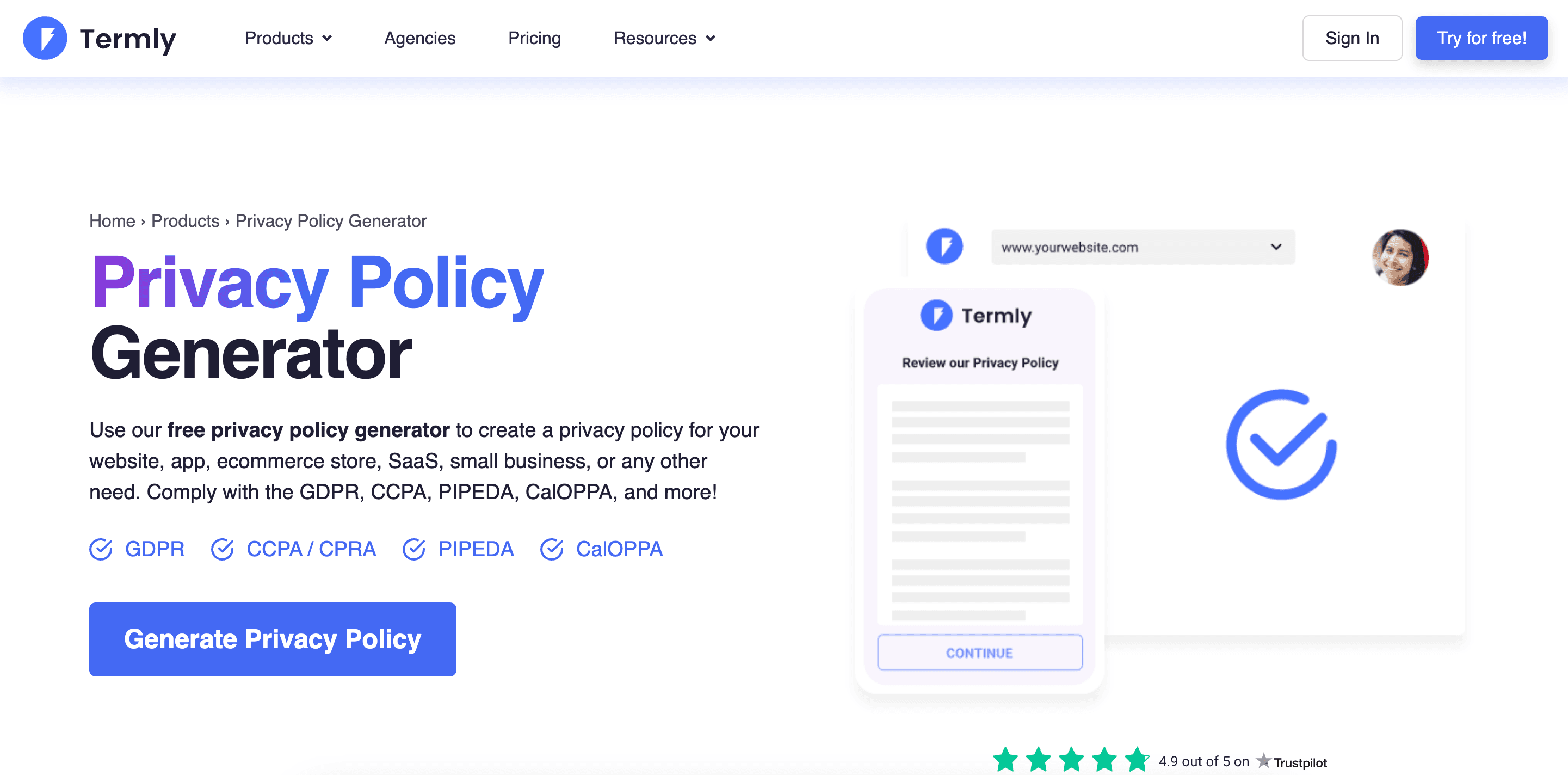termly homepage - privacy policy generator