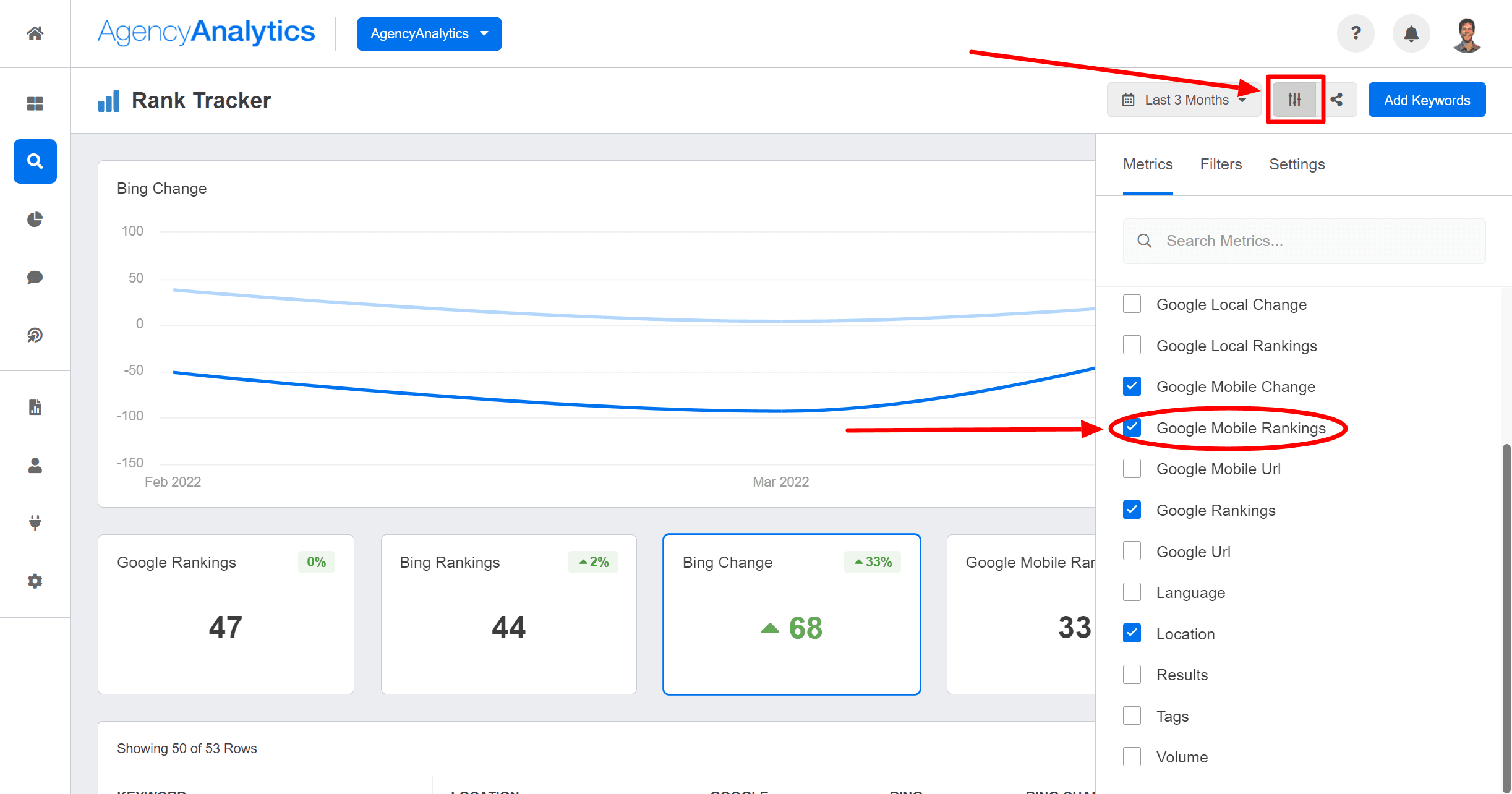 An example of the tracking settings in the AgencyAnalytics SEO Ranking Checker An example of the tracking settings in the AgencyAnalytics SEO Ranking Checker