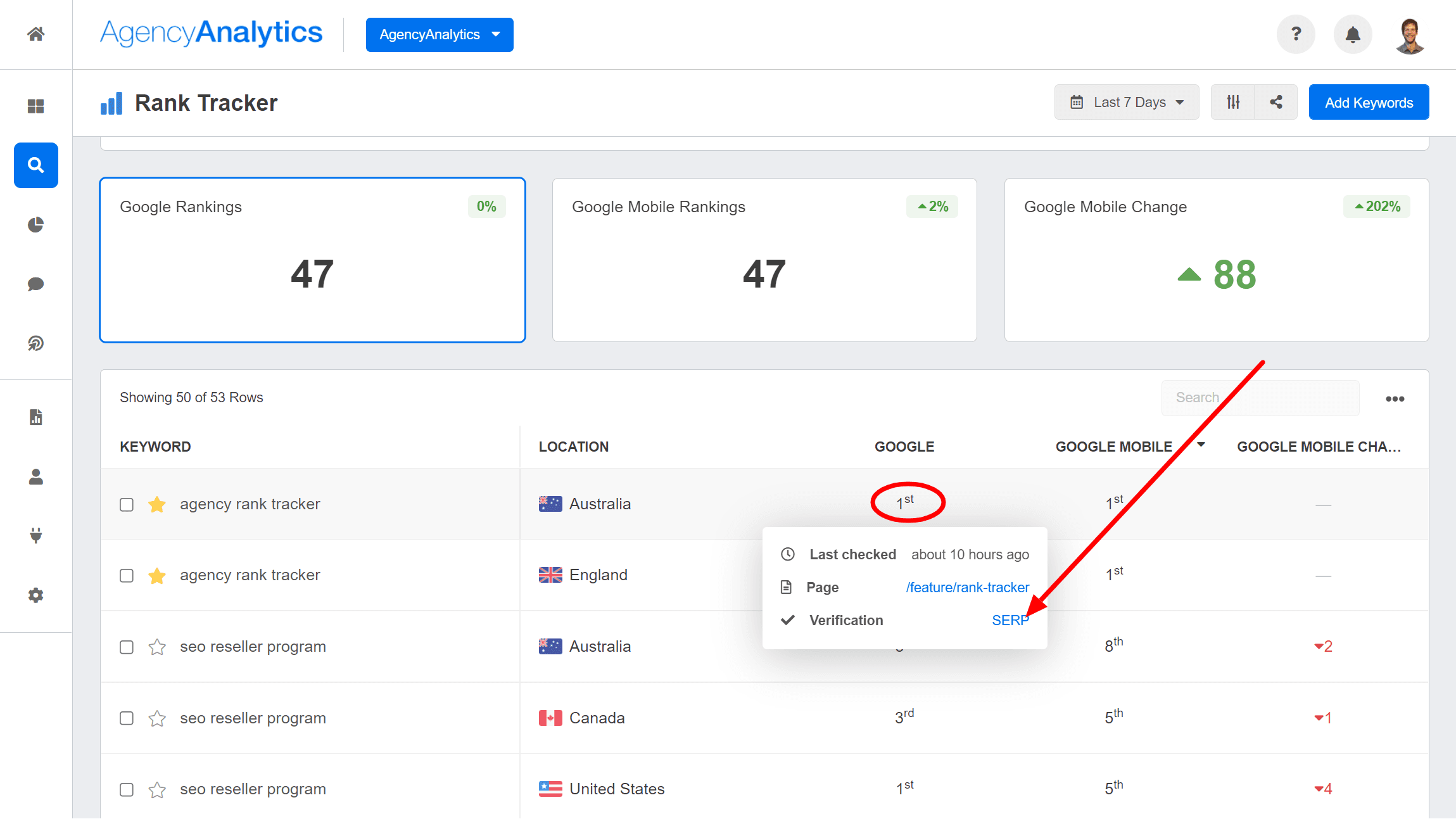 Image of the rank tracker dashboard showing where to view the last time the keywords were updated
