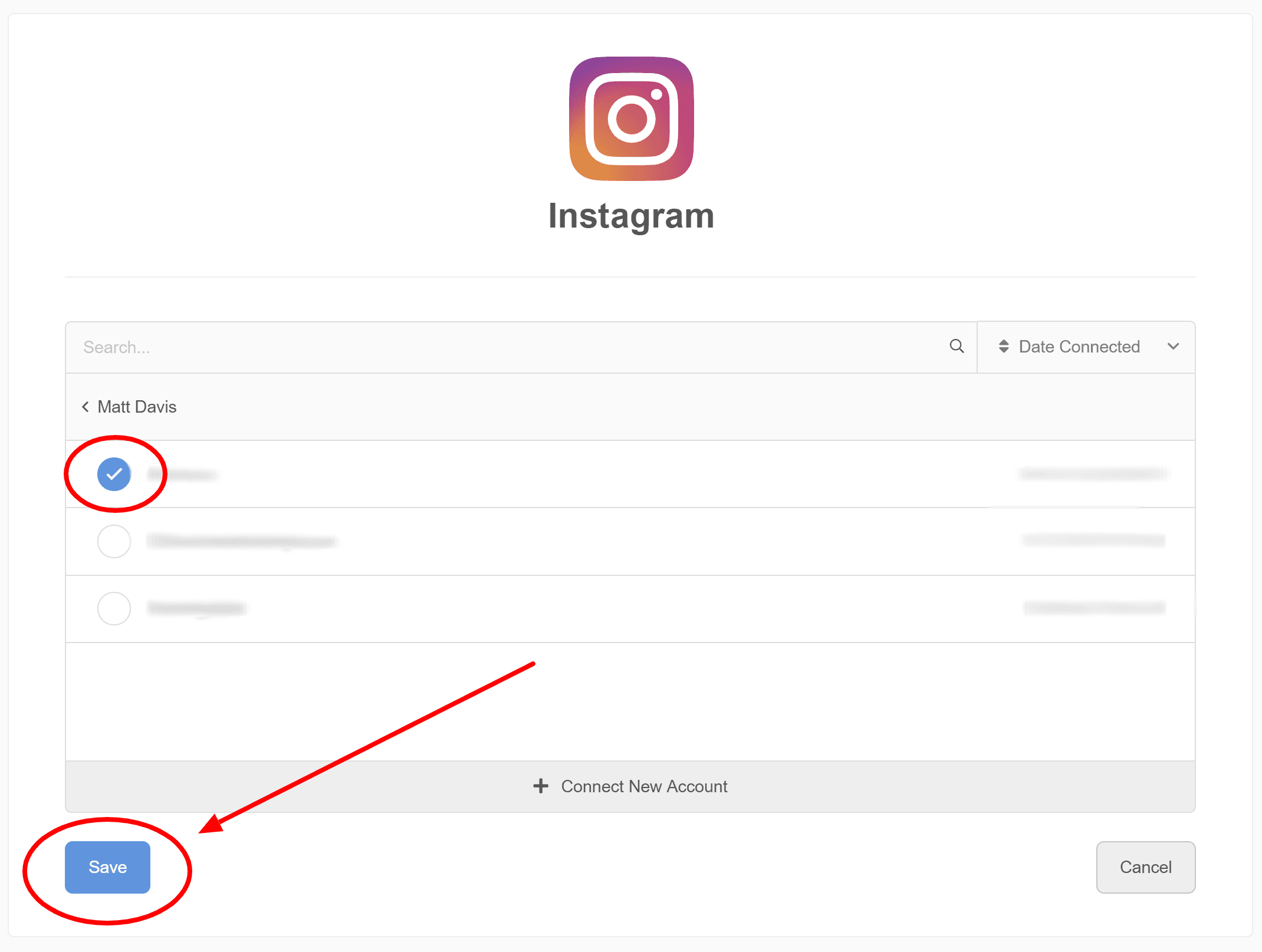 Choosing Instagram account to connect