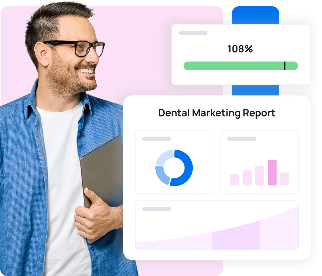 A stylized graphic featuring a representation of a dental marketing report demo