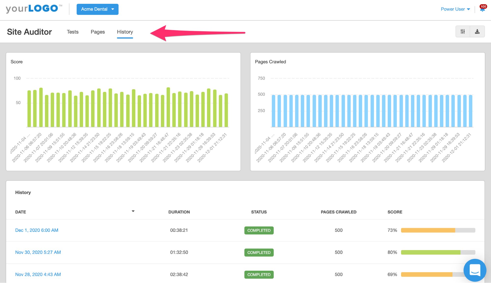 Site audit history