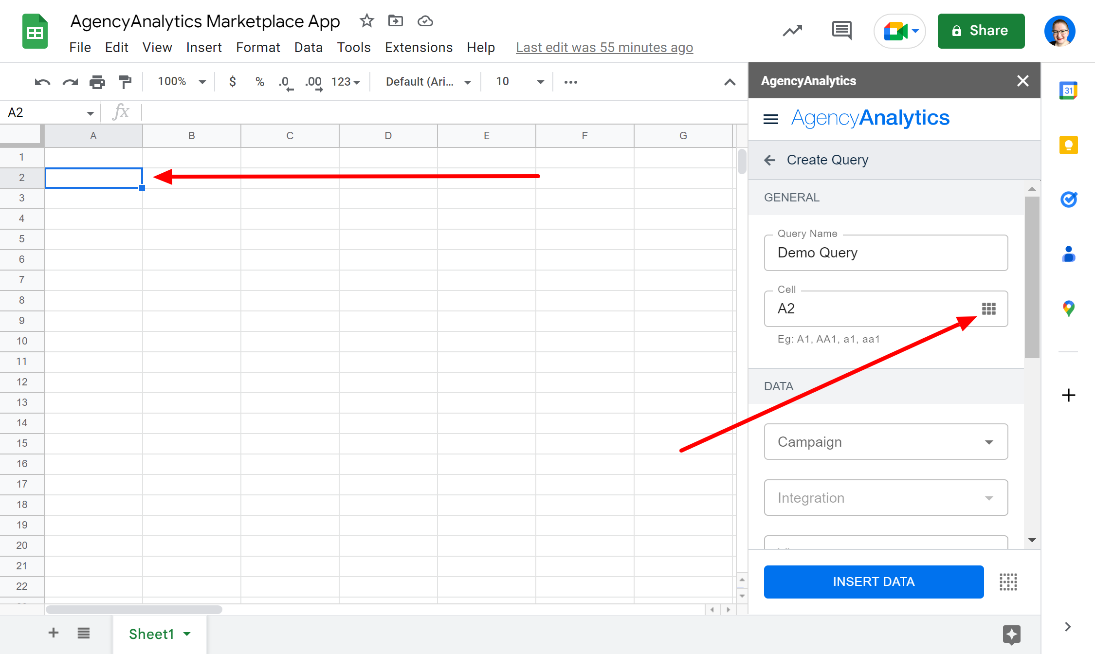 An image showing the process to follow to create a query in AgencyAnalytics for Google Sheets