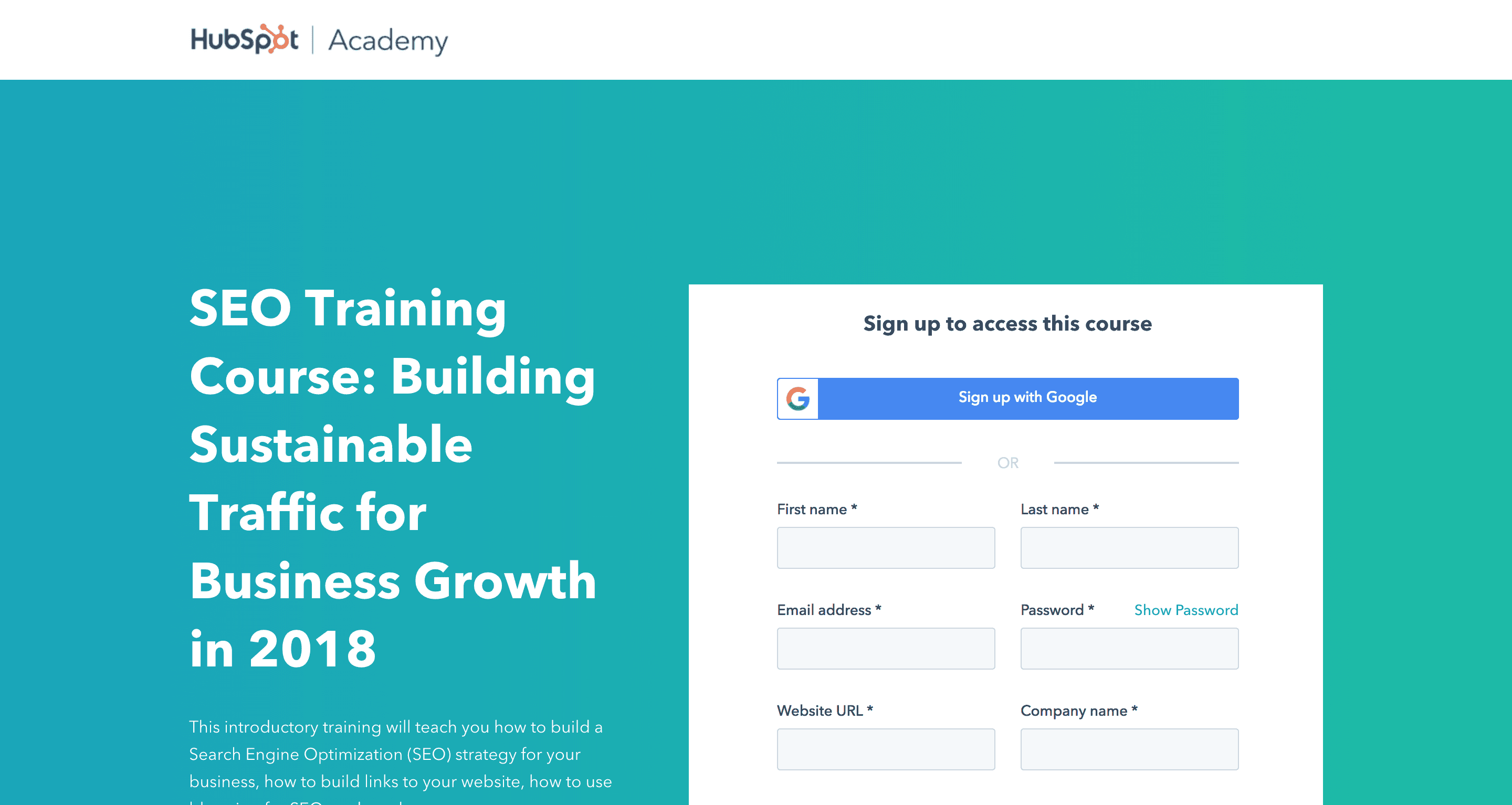 Hubspot Academy SEO course signup form