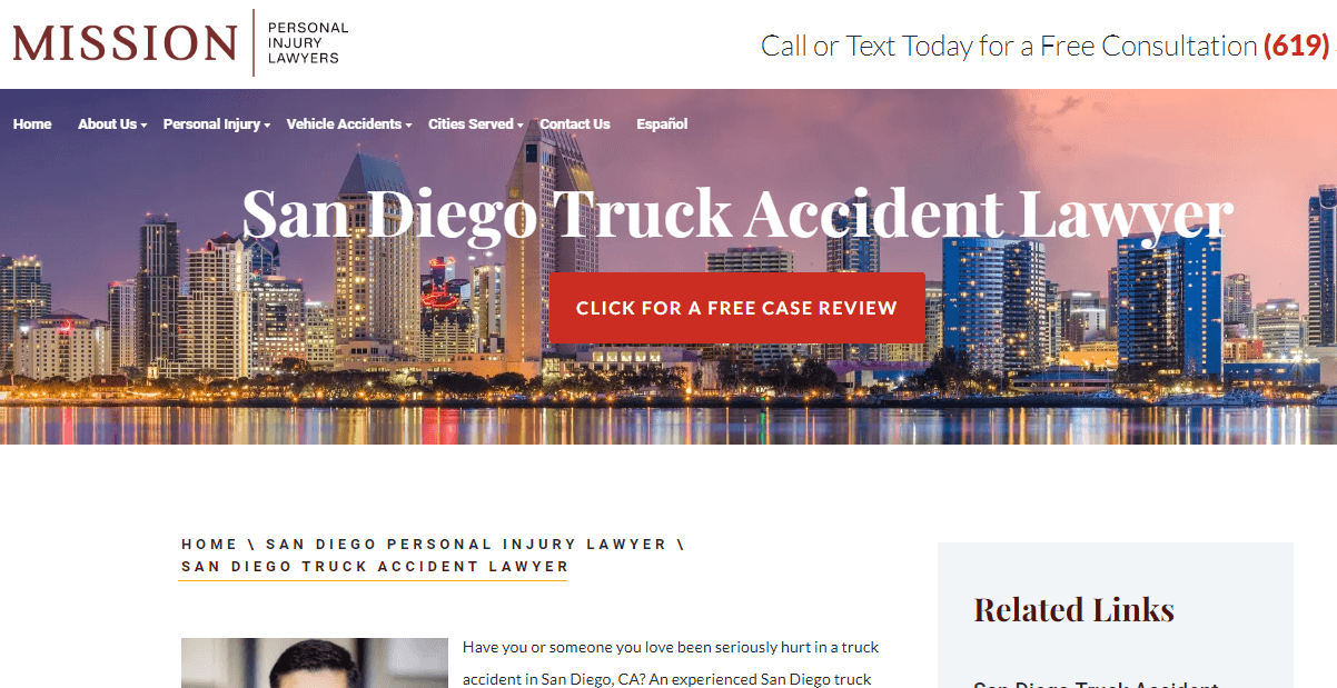 example of bottom of funnel landing page for a san diego truck accident lawyer 