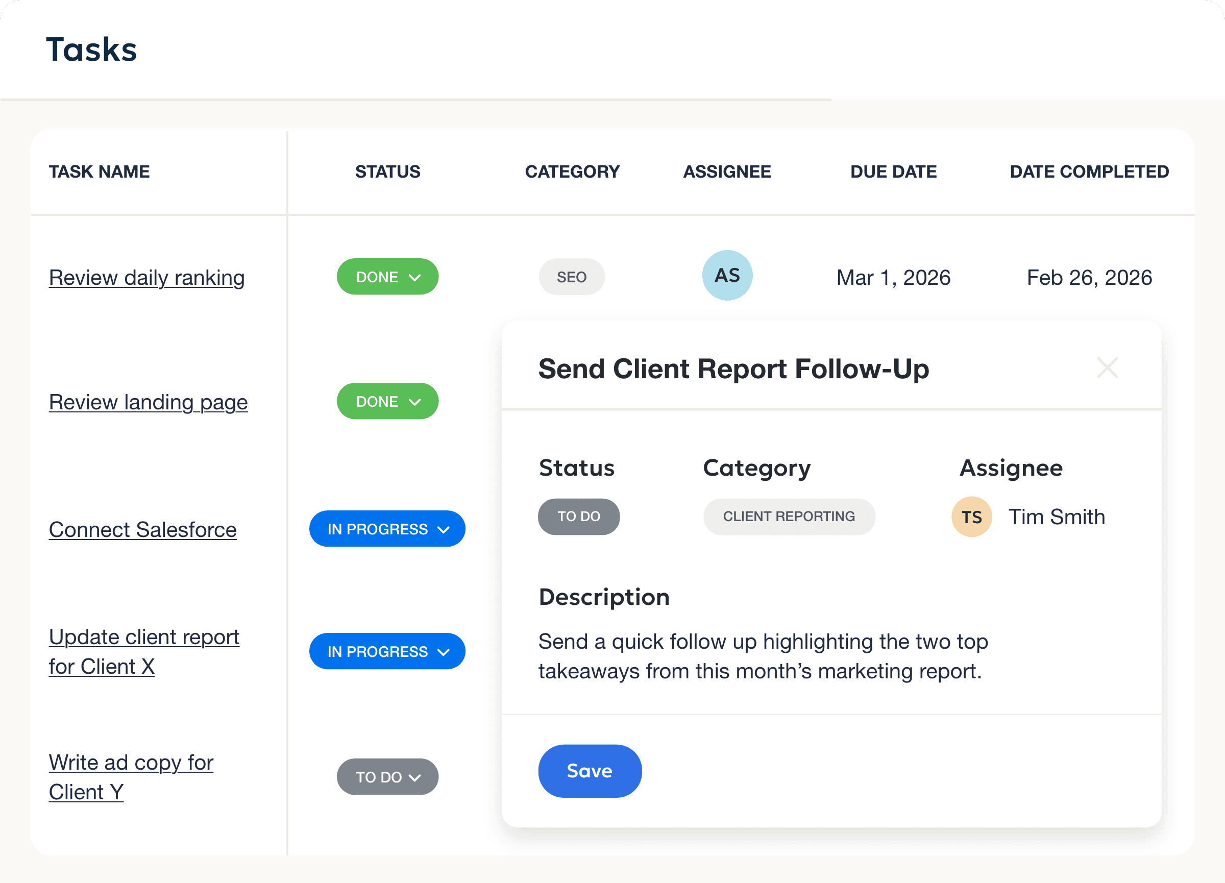 An example showing how to set up an automated reminder to send a client report follow up email using the AgencyAnalytics built-in task management feature An example showing how to set up an automated reminder to send a client report follow up email using the AgencyAnalytics built-in task management feature