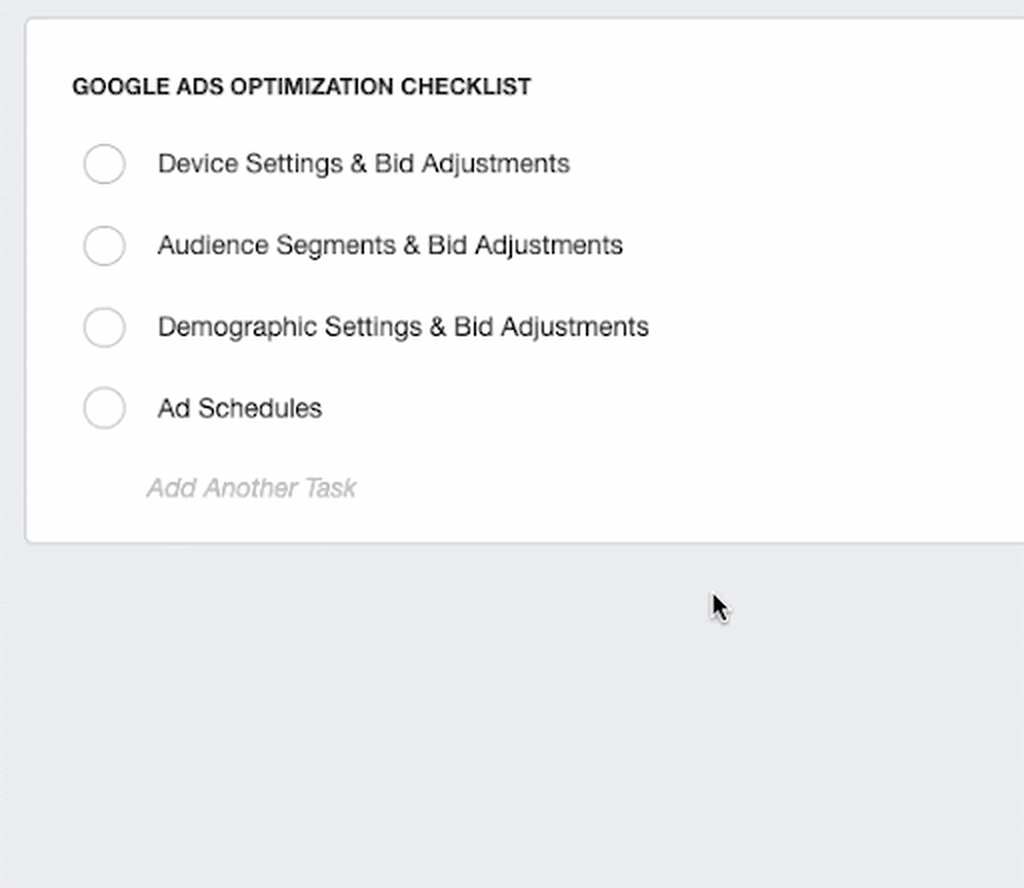 Gif of Someone Creating a Google Ads Optimization Task List Gif of Someone Creating a Google Ads Optimization Task List