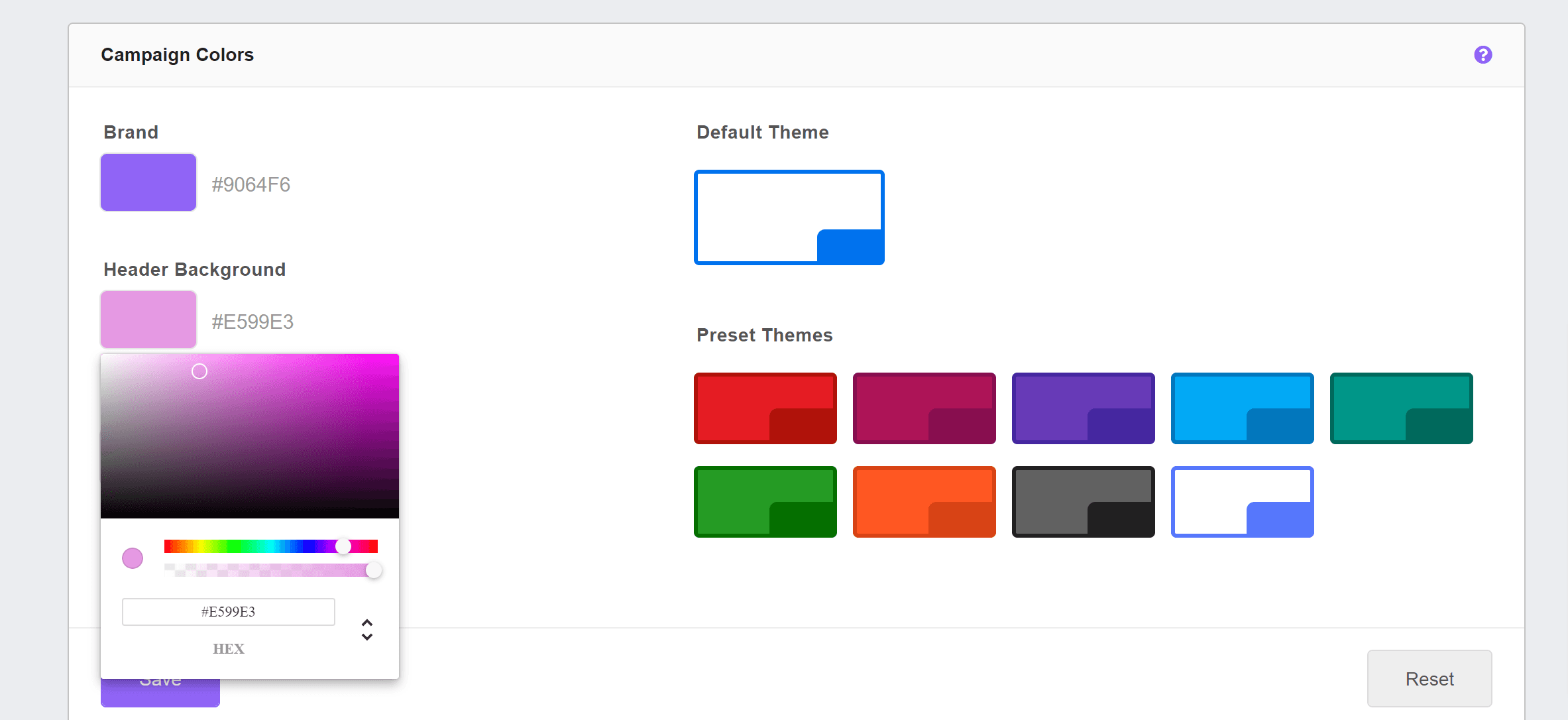 image of hex codes color picker and slider to select exact color for the reporting platform
