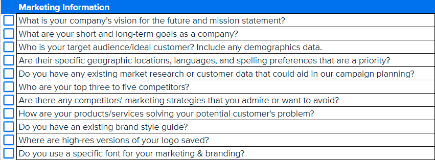 Example Marketing Information Questions from the Client Onboarding Questionnaire Template Example Marketing Information Questions from the Client Onboarding Questionnaire Template