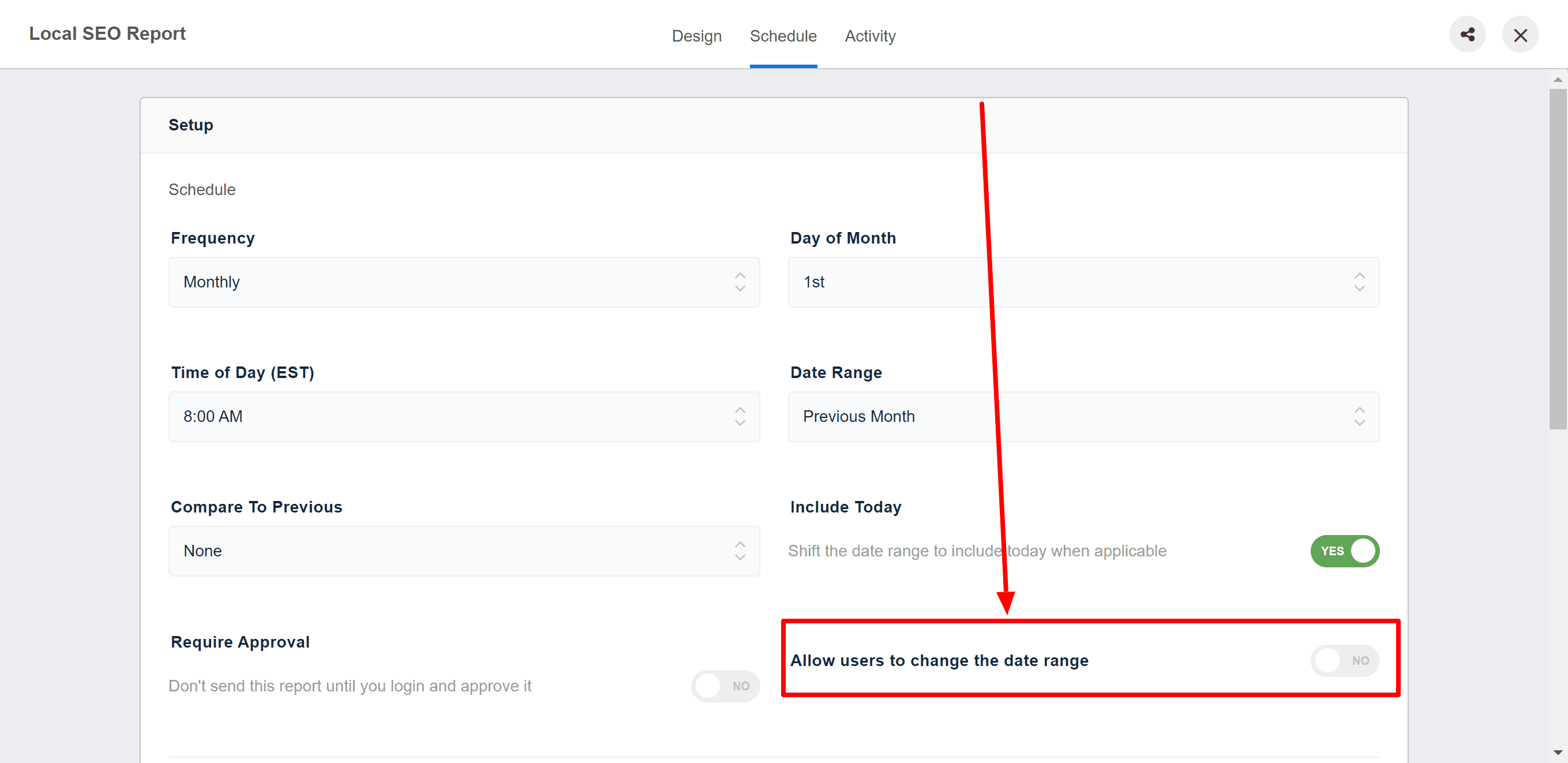 A toggle-on feature that allows AgencyAnalytics users to change the date range of their reports.