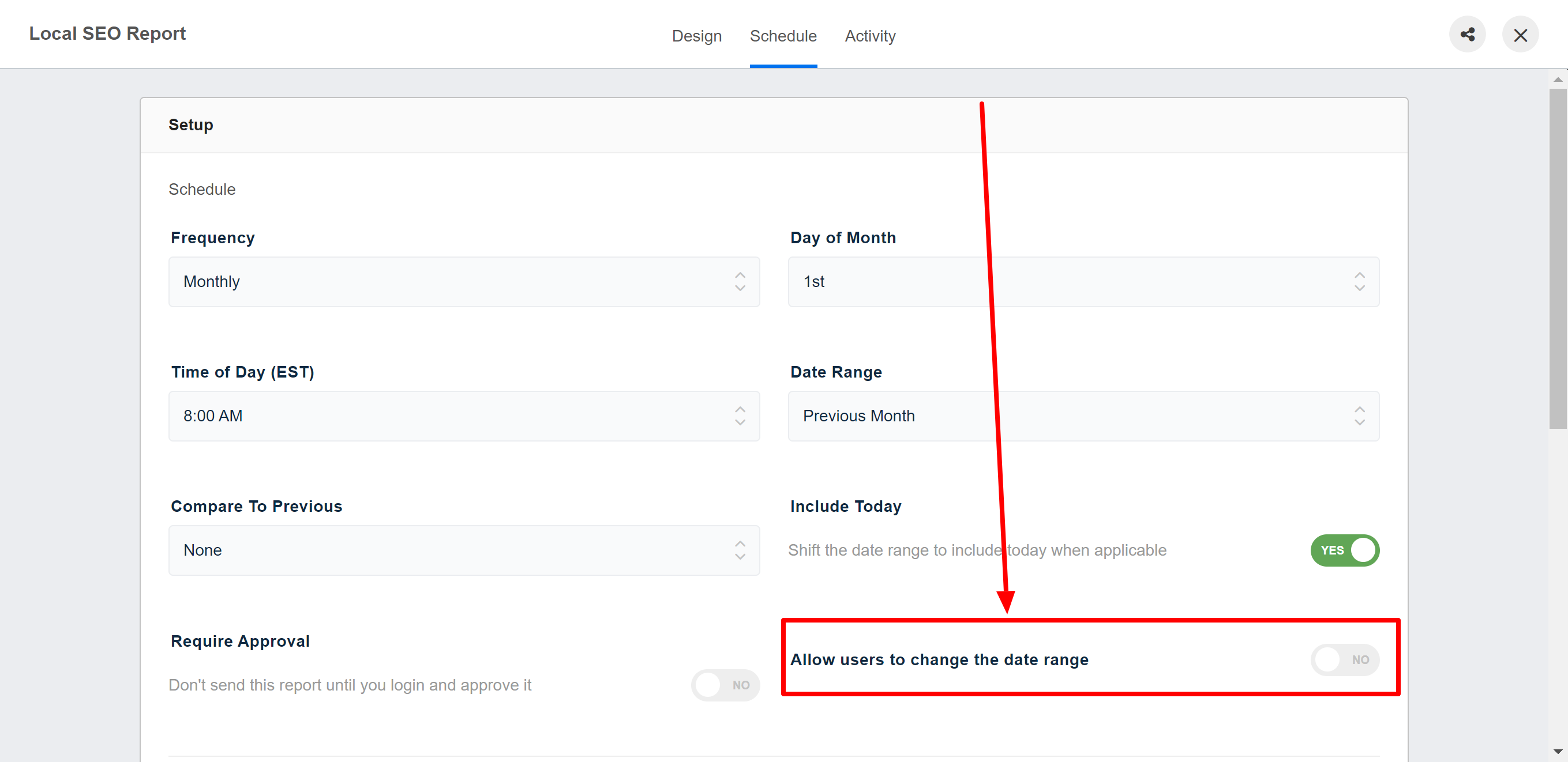 A toggle-on feature that allows AgencyAnalytics users to change the date range of their reports. A toggle-on feature that allows AgencyAnalytics users to change the date range of their reports.