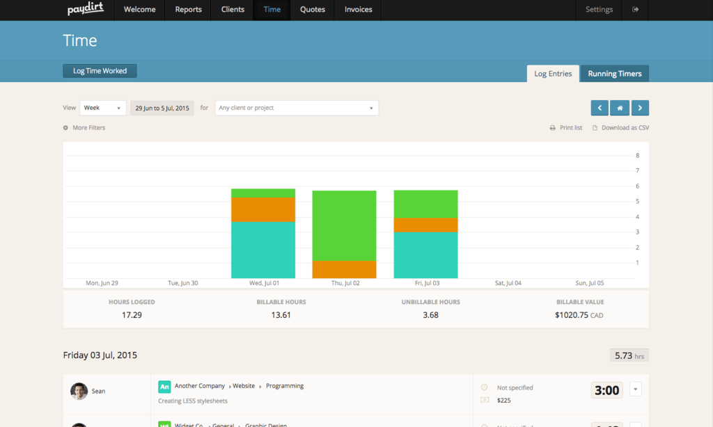 Paydirt time tracking dashboard