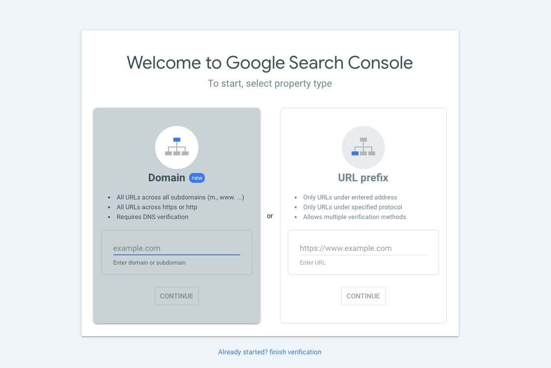 Google Search Console property selection options.