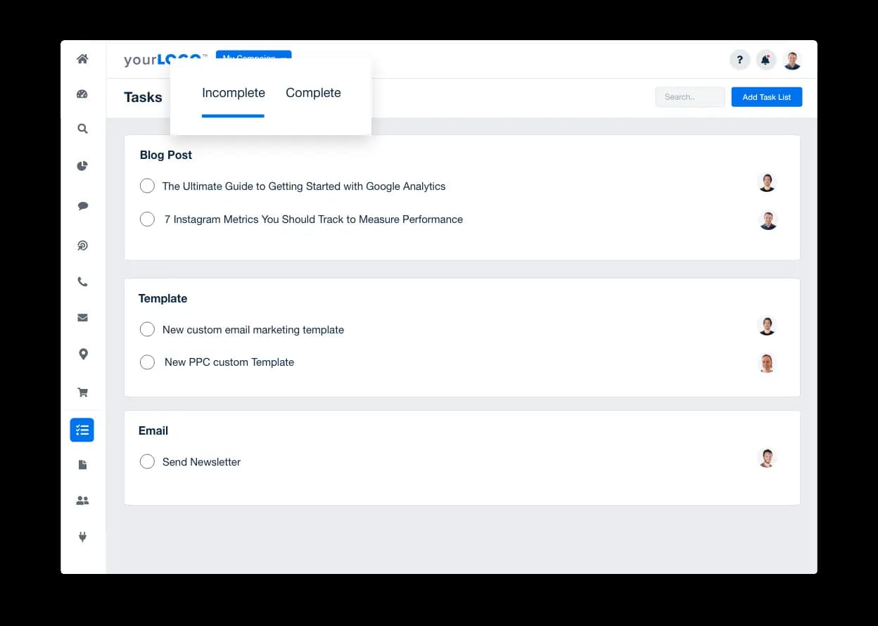 image of a dashboard for agencies to assign tasks within their client reporting platform 