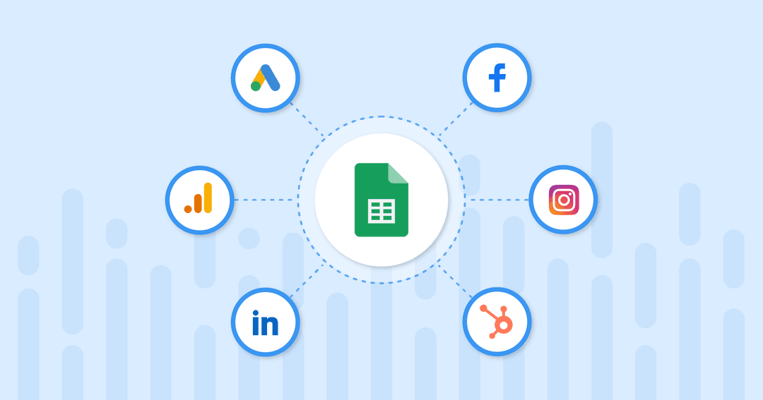 Image showing how data from top platforms like Facebook, Google Ads, Google Analytics 4, Instagram and more can be imported to Google Sheets. Image showing how data from top platforms like Facebook, Google Ads, Google Analytics 4, Instagram and more can be imported to Google Sheets.