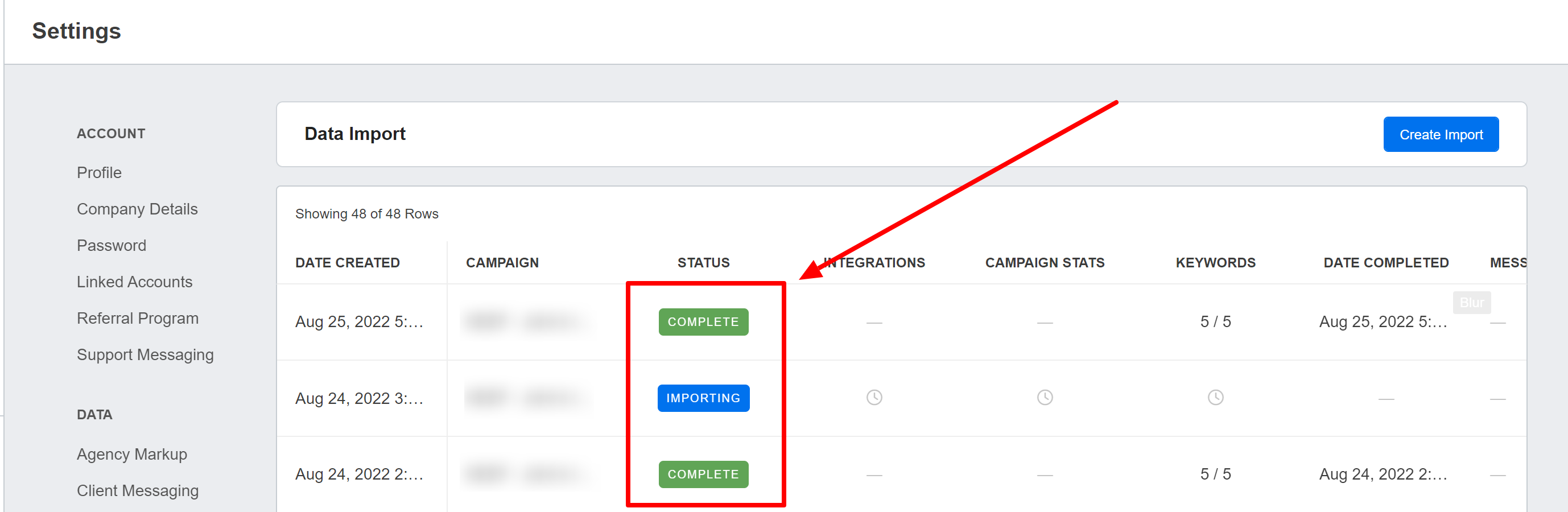 data import dashboard to track data from imports in the keyword ranking history tool 