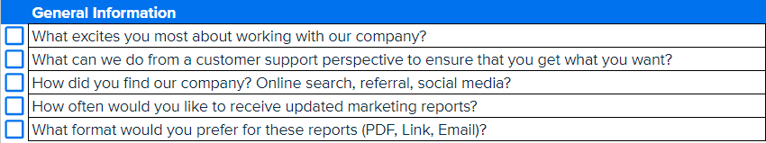 Example General-Information Questions from the Client Onboarding Questionnaire Template Example General-Information Questions from the Client Onboarding Questionnaire Template