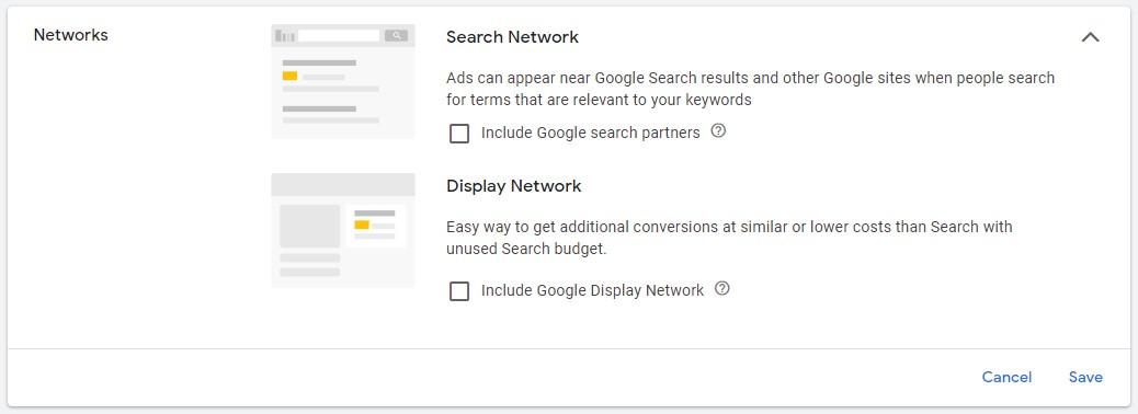 Configurações da rede de pesquisa do Google Ads