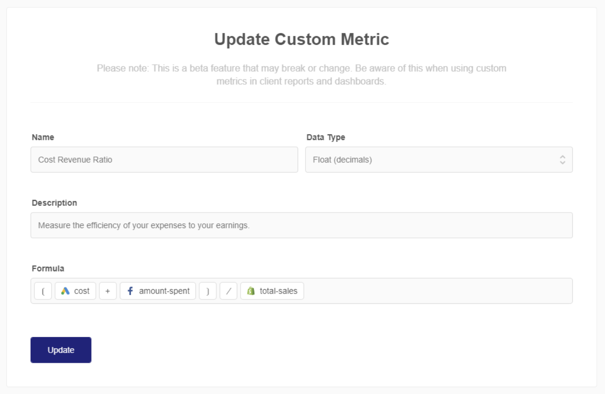 custom metric showing cost revenue ratio