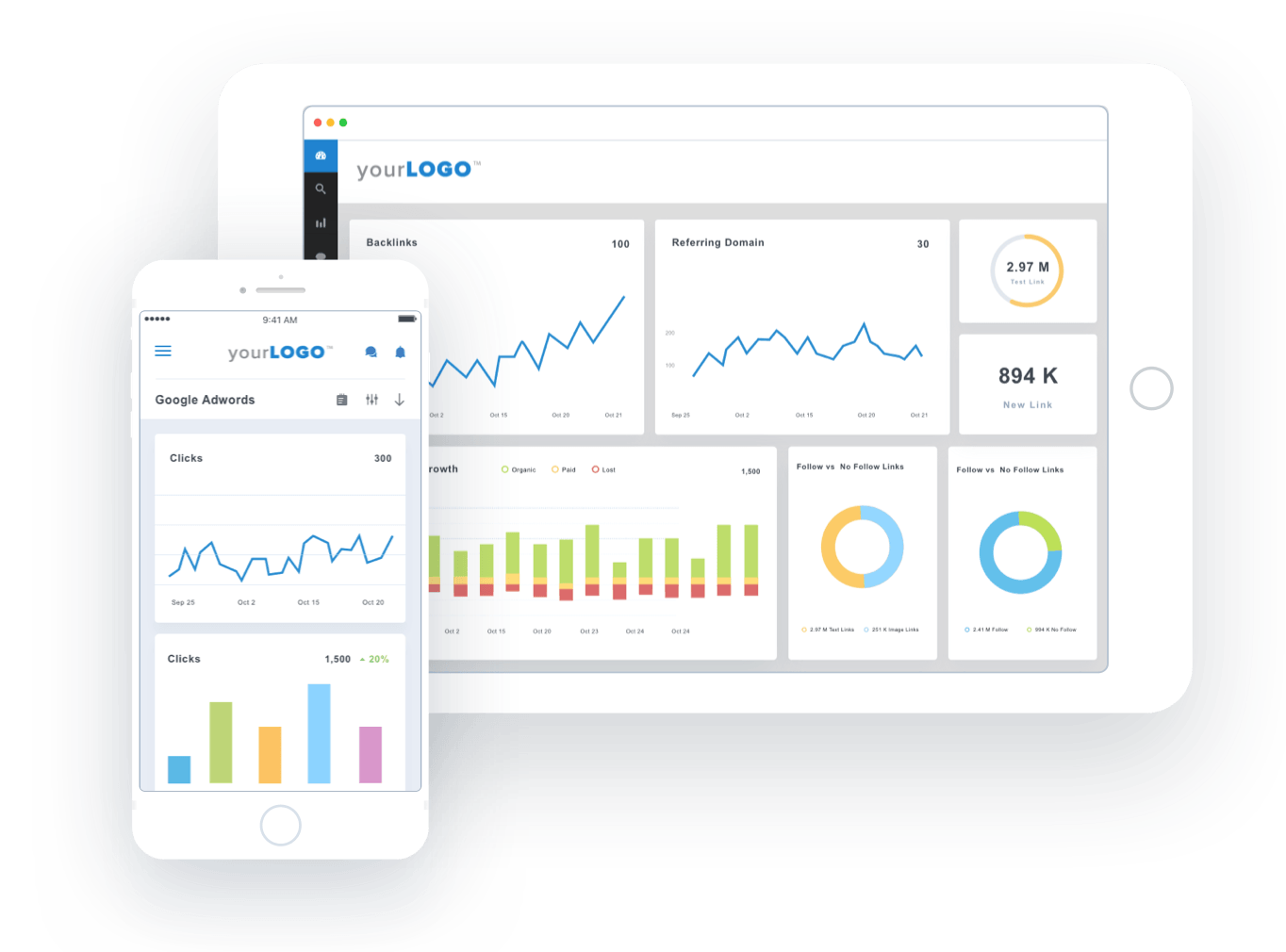 Custom white labelled reports shown on a phone and tablet